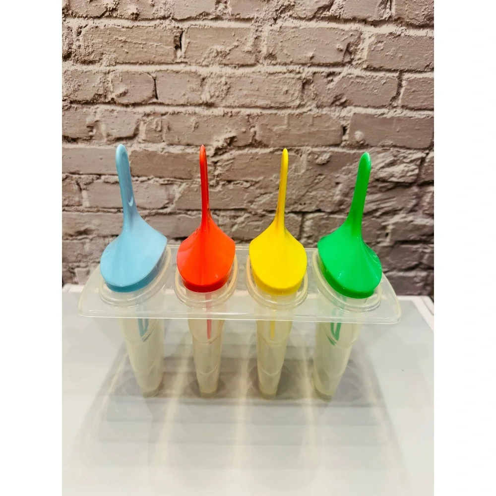 Vintage‎ 4 Slot Popsicle Mold Set Ice Pop Maker Colored Handles Complete Retro